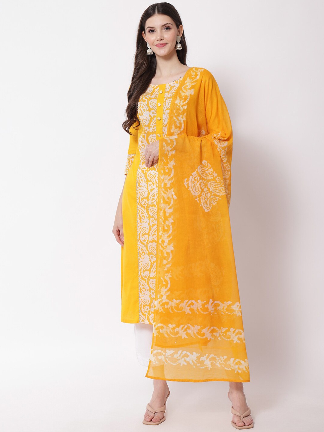 

Sitaram Designer Women Yellow Floral Pure Cotton Kurta & Dupatta