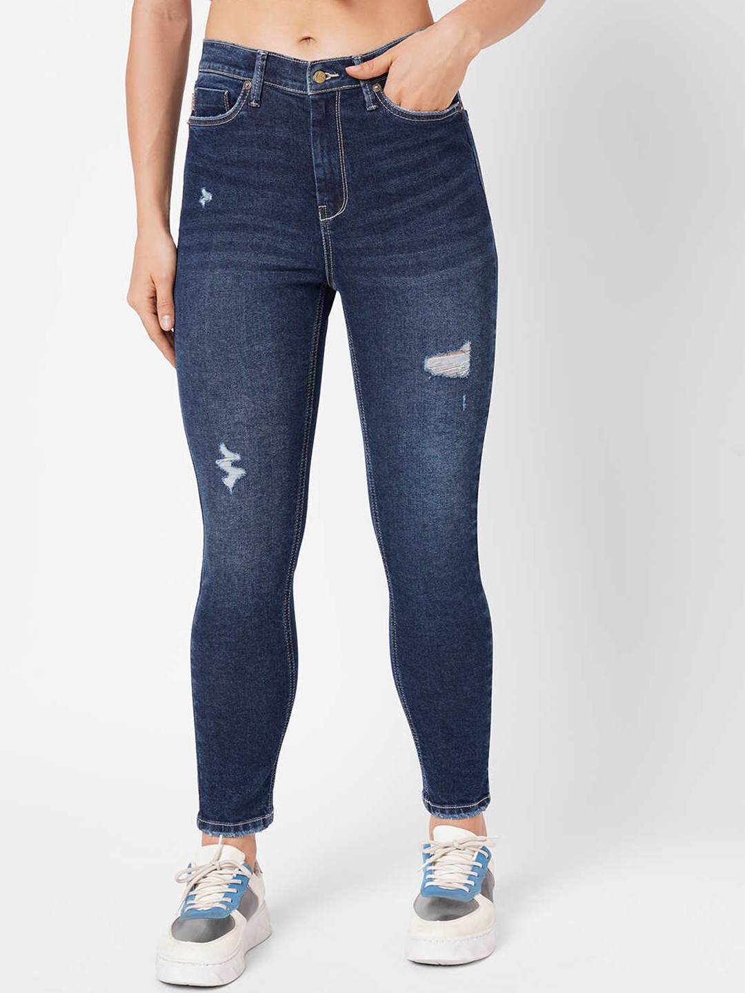 

Pepe Jeans Women Blue Skinny Fit High-Rise Low Distress Light Fade Jeans