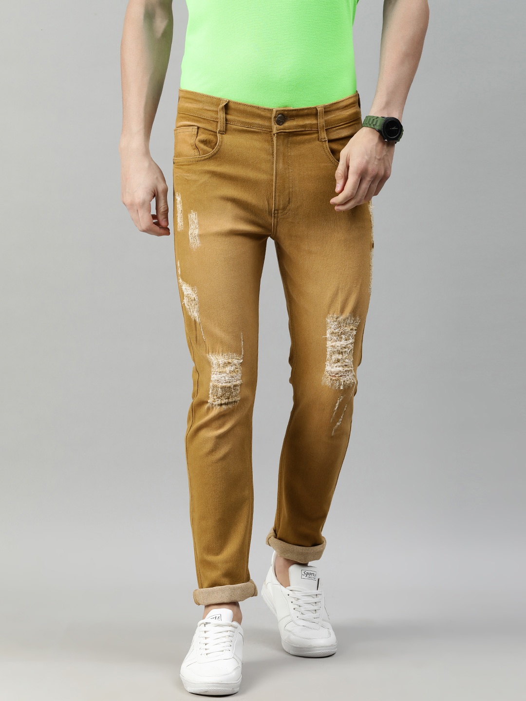 

Urbano Fashion Men Khaki Slim Fit Highly Distressed Heavy Fade Stretchable Jeans