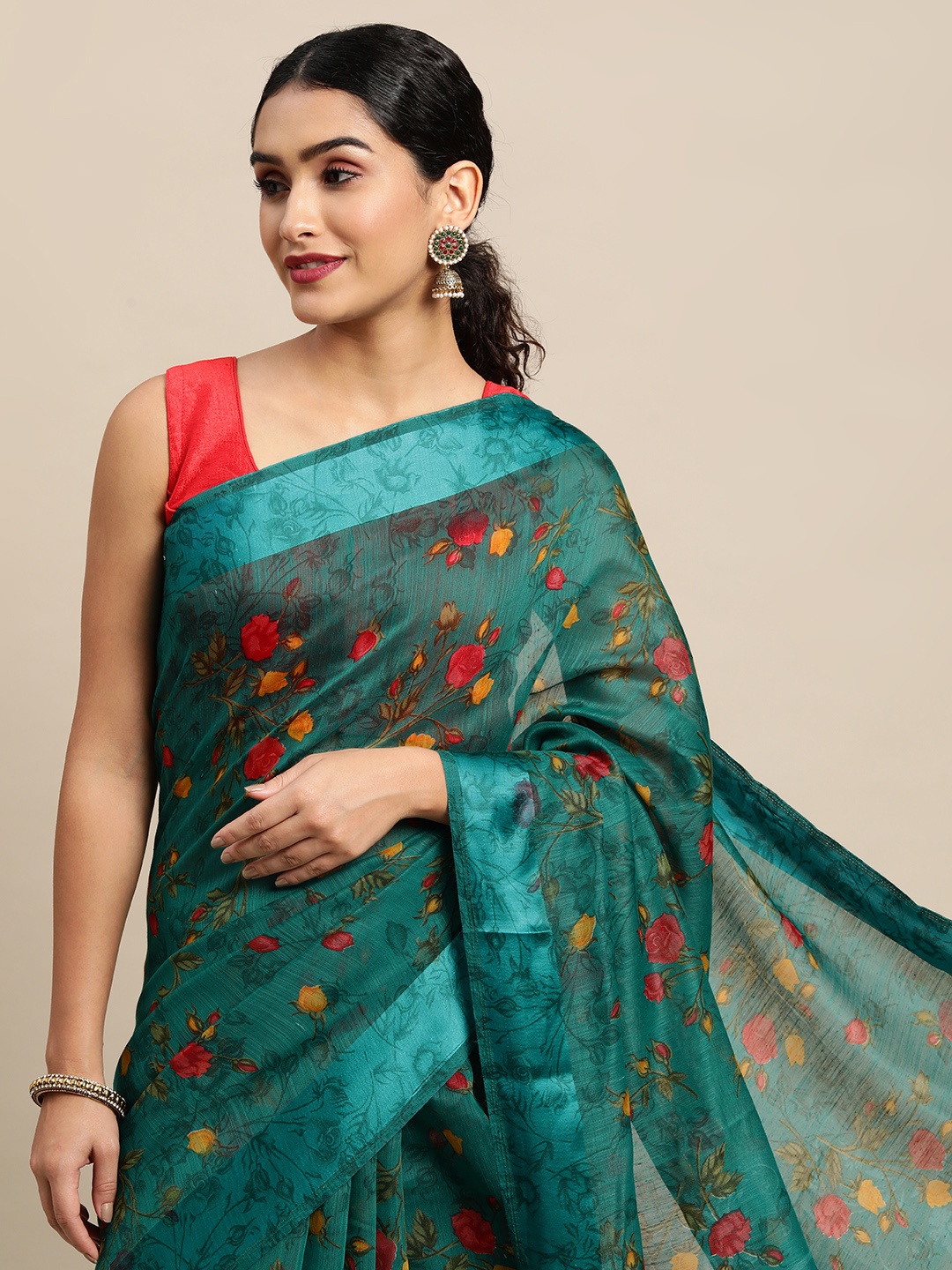 

PERFECTBLUE Teal Green & Red Floral Print Saree