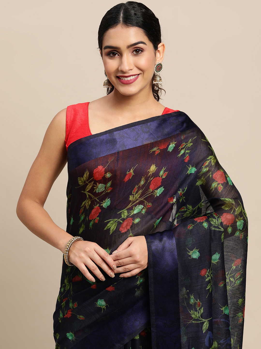 

PERFECTBLUE Navy Blue & Red Floral Print Saree