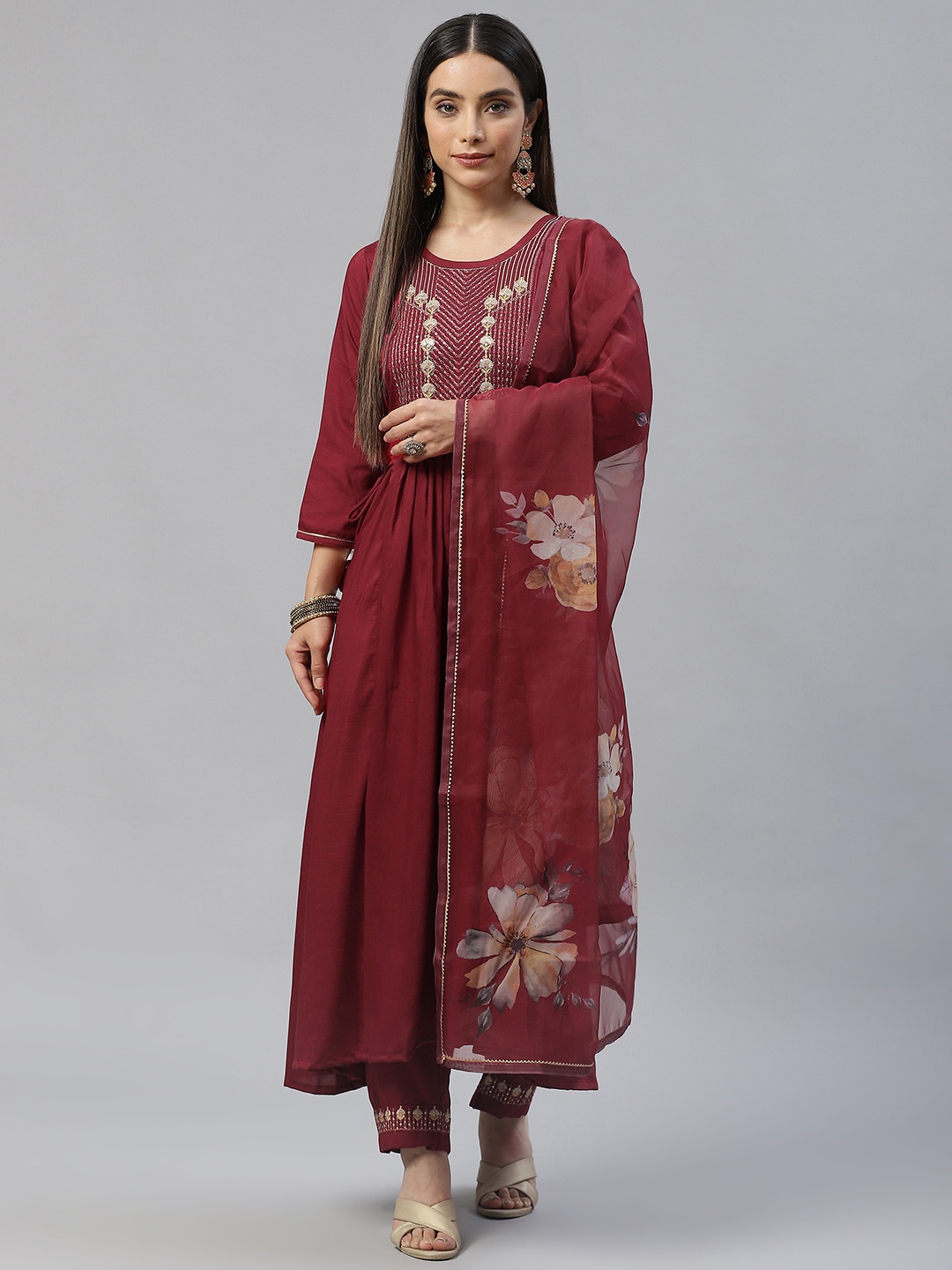 

SheWill Women Maroon Ethnic Motifs Yoke Design Pleated Kurta with Palazzos & Dupatta