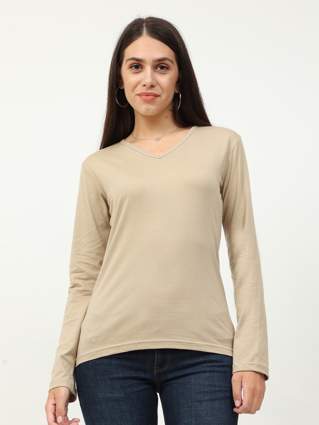 

Fleximaa Women Beige V-Neck T-shirt