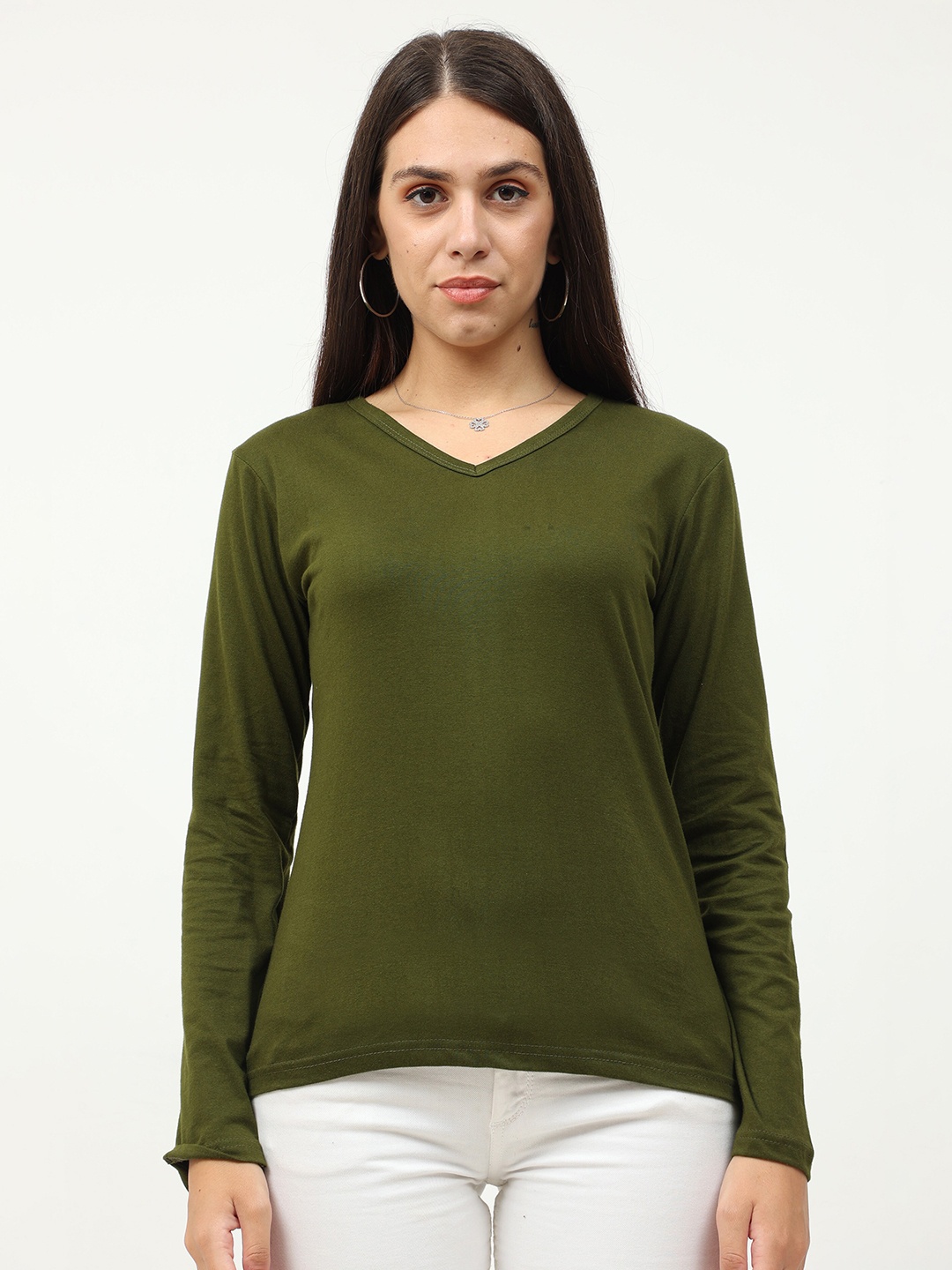 

Fleximaa Women Olive Green V-Neck T-shirt