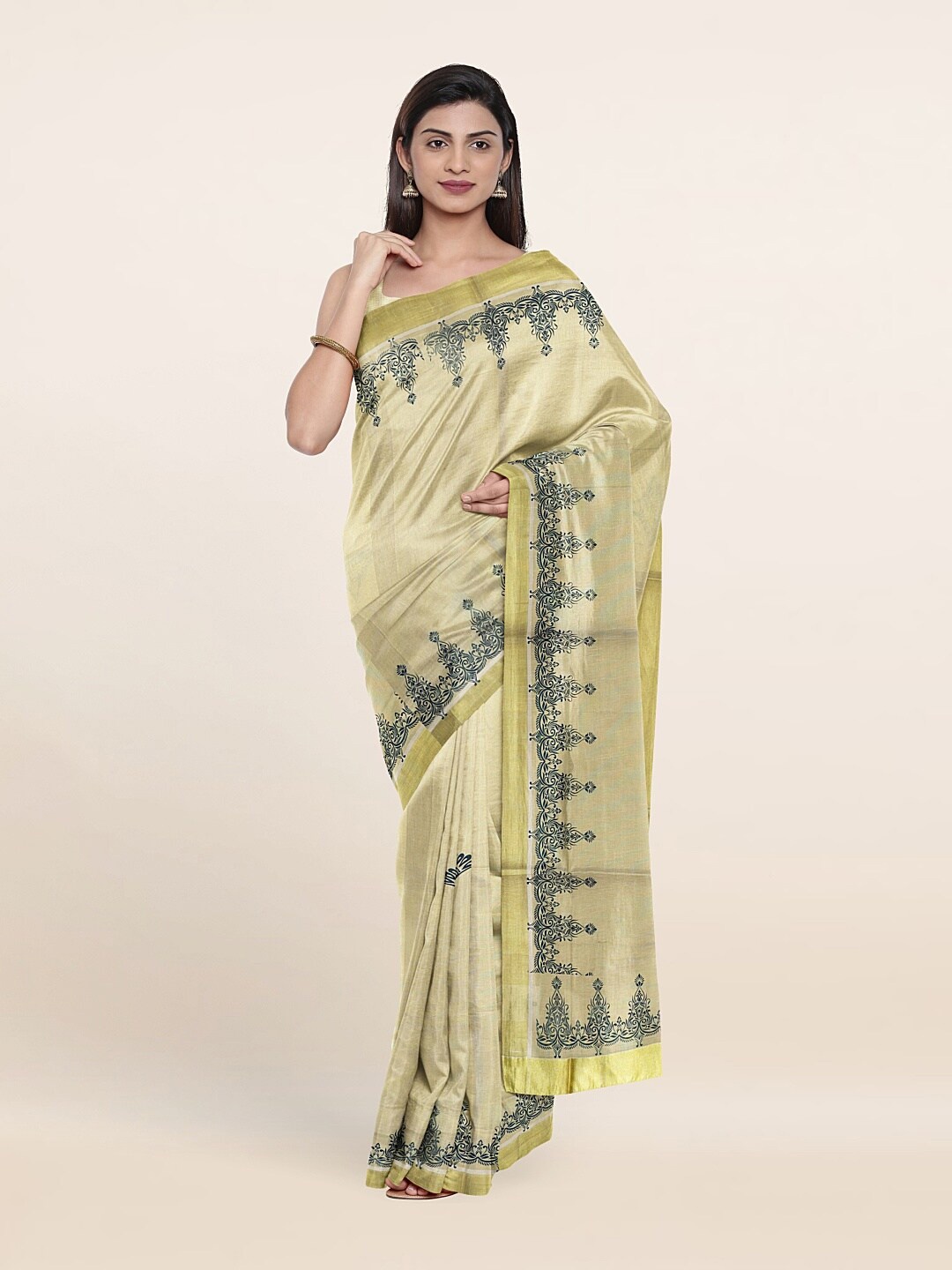 

Pothys Beige & Gold-Toned Ethnic Motifs Zari Pure Cotton Saree