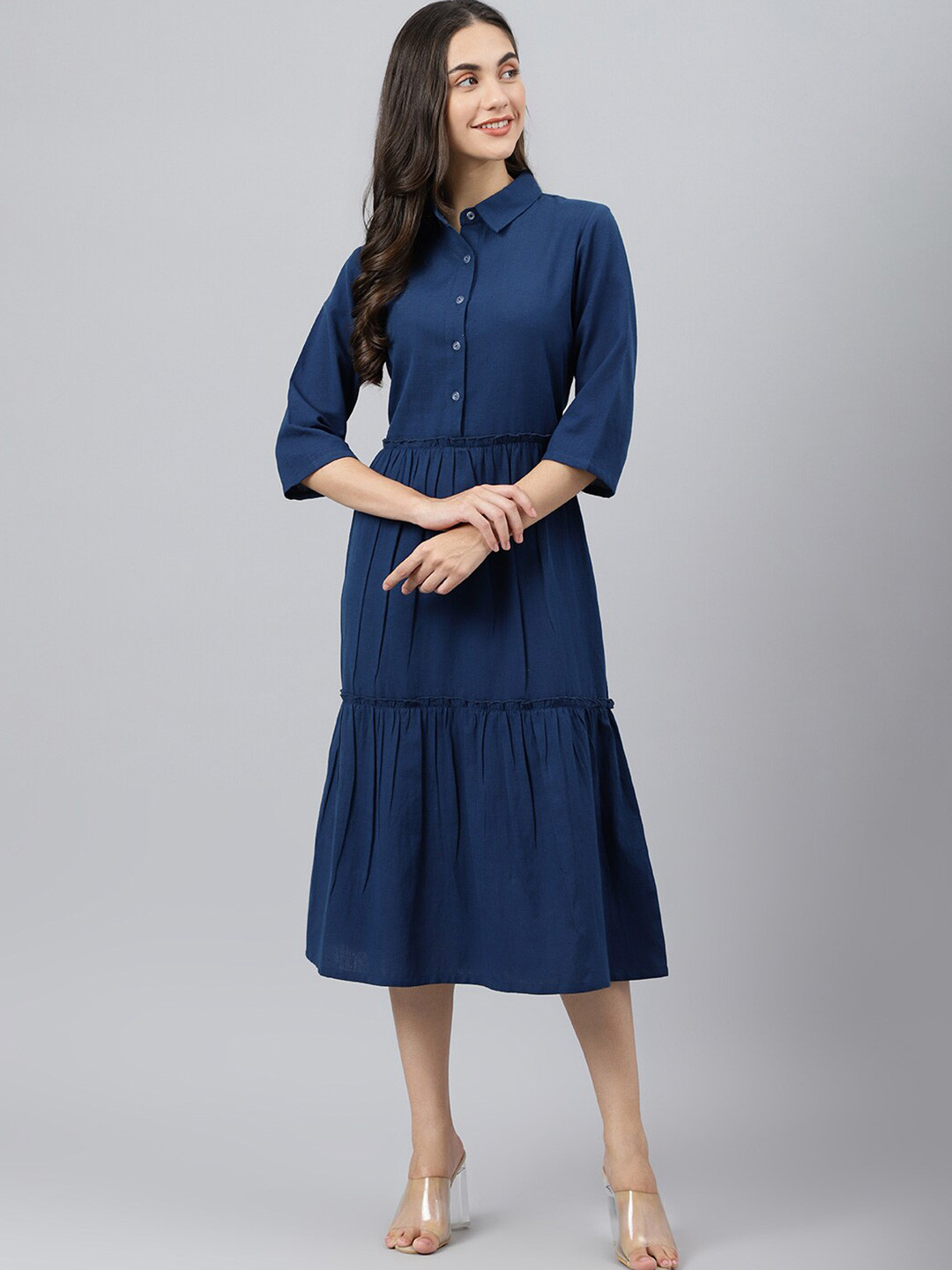 

DEEBACO Navy Blue Shirt Collared Midi Dress