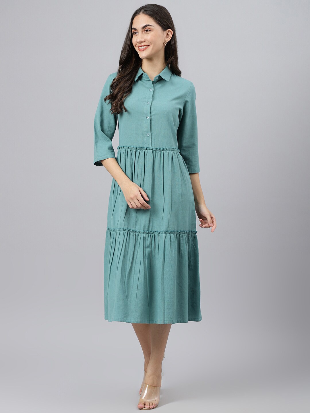 

DEEBACO Sea Green Shirt Style Tiered Midi Dress