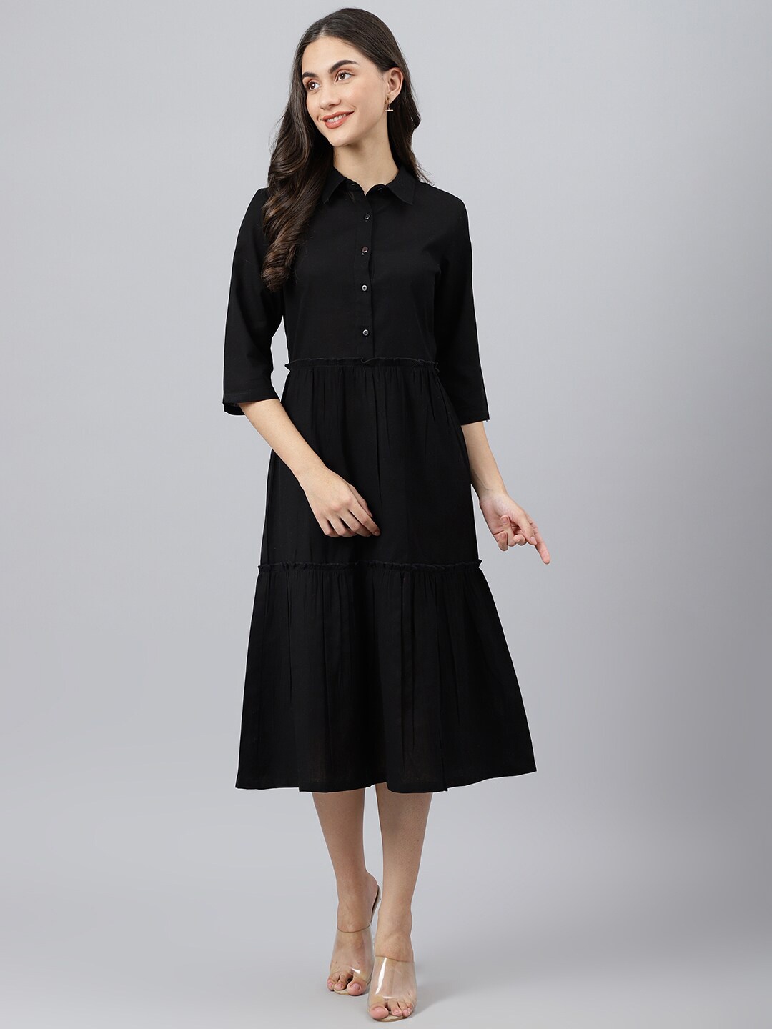 

DEEBACO Women Black Shirt Midi Dress