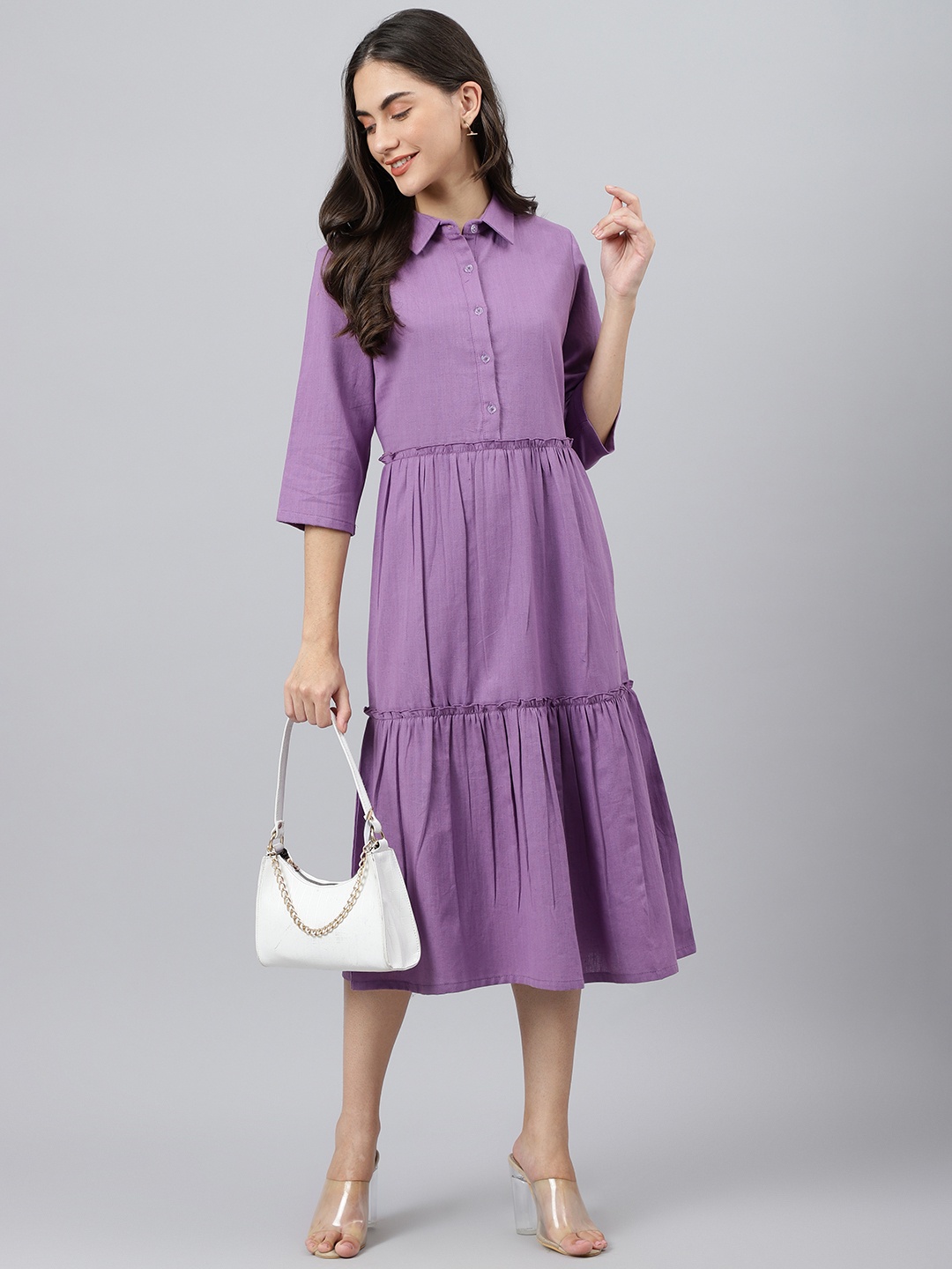 

DEEBACO Magenta Solid Collared Fit & Flare Midi Dress