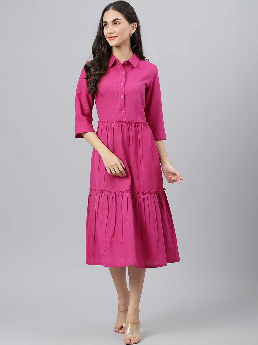 

DEEBACO Magenta Collared Tiered A-Line Midi Dress