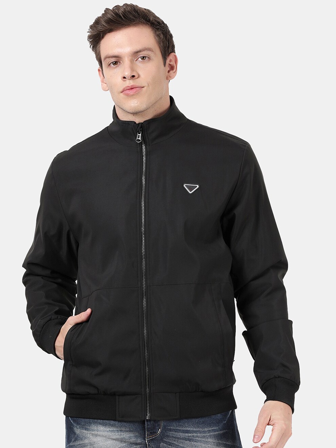

t-base Men Black Solid Full Sleeve Windcheater Bomber Jacket