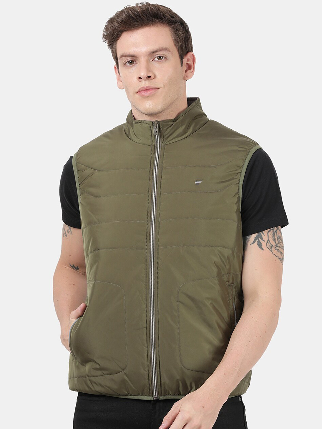 

t-base Men Olive Green Windcheater Padded Jacket