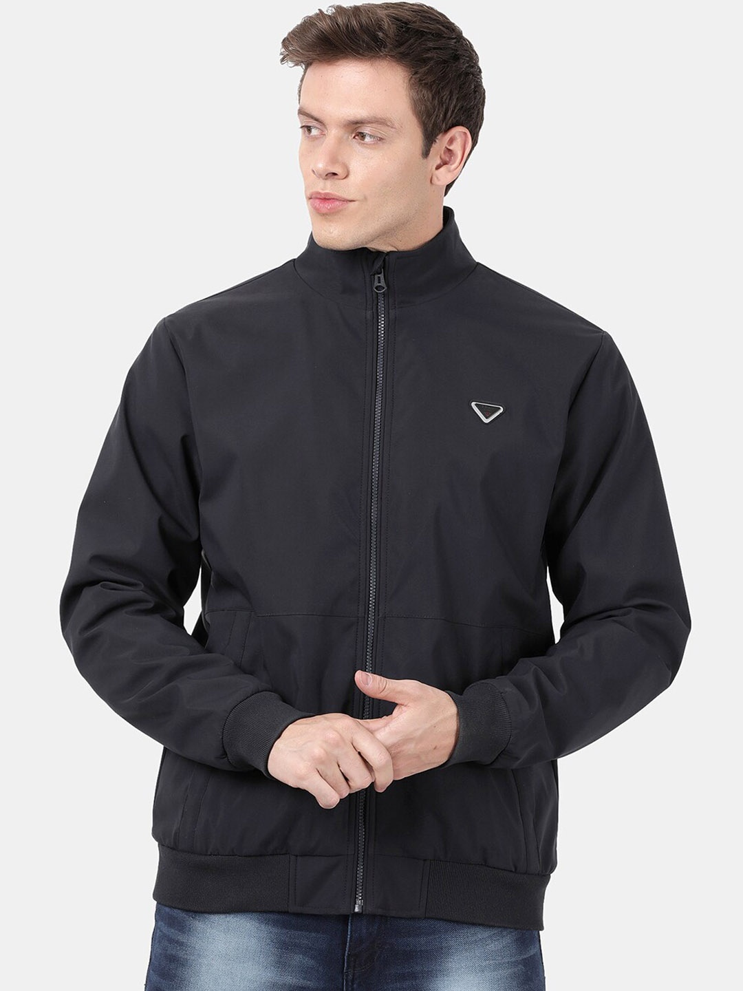 

t-base Men Navy Blue Windcheater Bomber with Patchwork Jacket