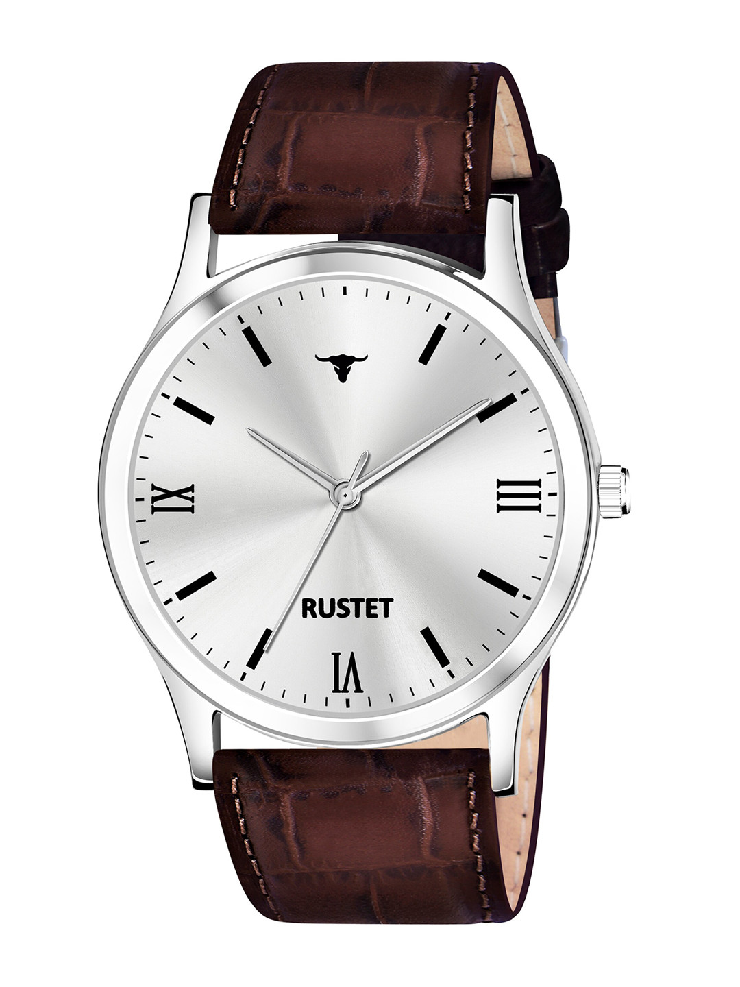 

RUSTET Men Silver Toned Printed Dial & Brown Leather Strap Analogue Waterproof Watch