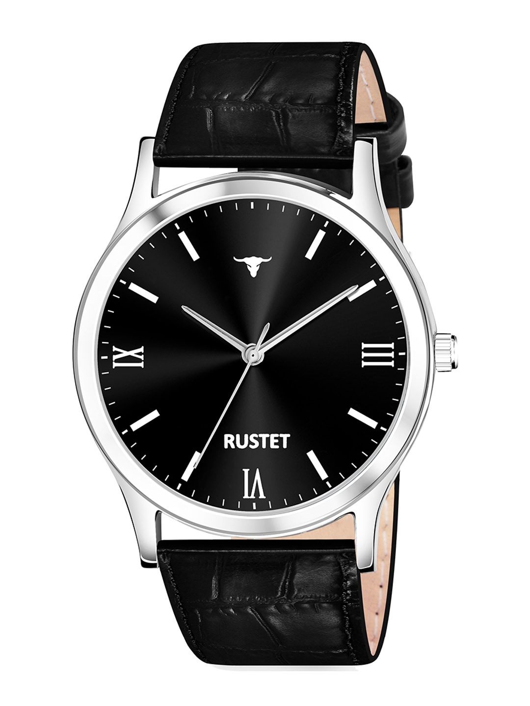 

RUSTET Men Black Brass Dial & Black Leather Straps Analogue Watch, Silver