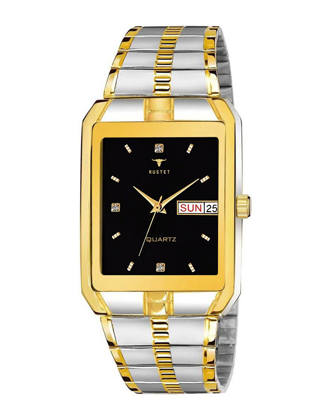 

RUSTET Men Black Brass Dial & Gold Toned Stainless Steel Bracelet Style Straps Analogue Watch