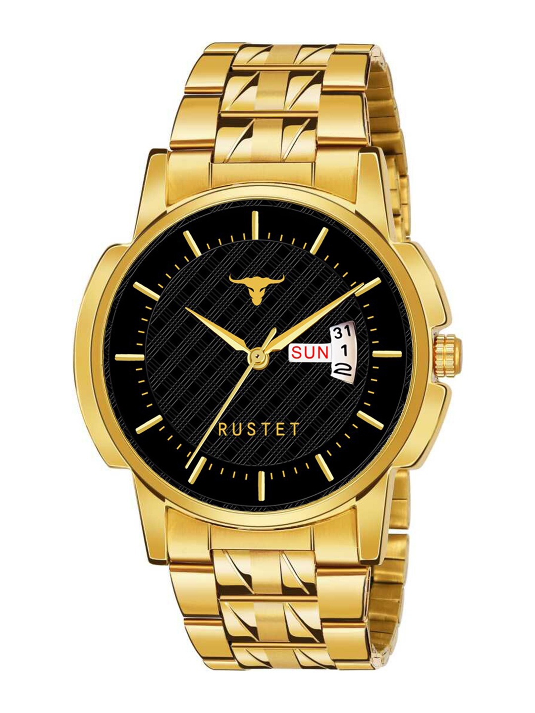 

RUSTET Men Black Brass Dial & Gold Toned Stainless Steel Bracelet Style Straps Analogue Watch