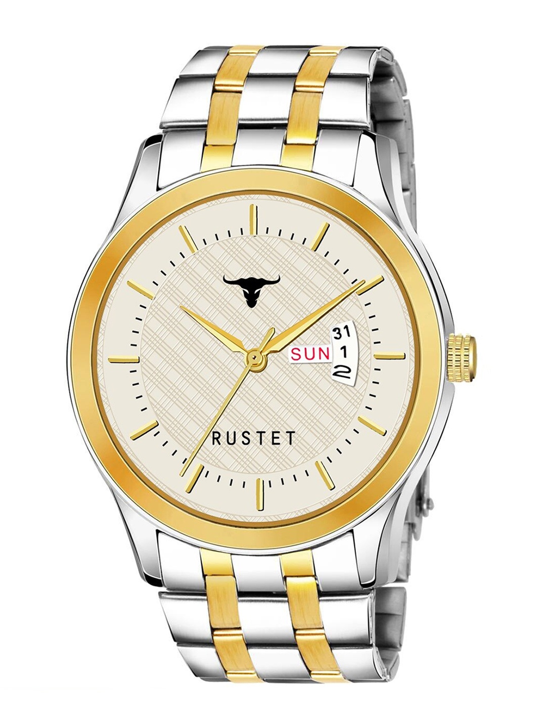 

RUSTET Men Gold-Toned Brass Patterned Dial & Silver Toned Stainless Steel Bracelet Style Straps Analogue Watch