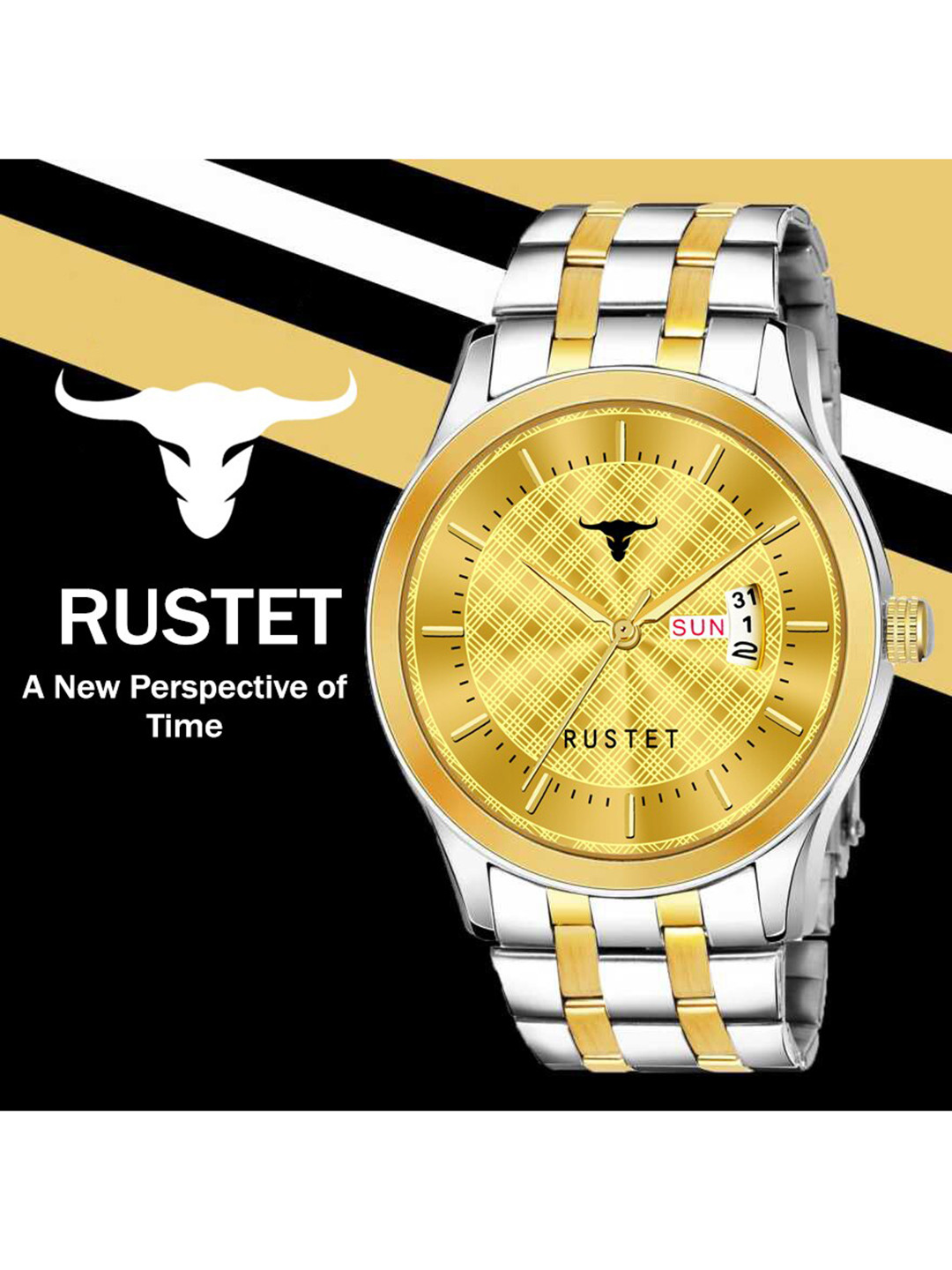 

RUSTET Men Brass Patterned Dial & Stainless Steel Bracelet Style Straps Analogue Watch LS3880-GOLD