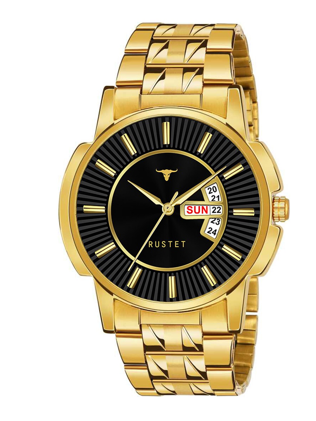 

RUSTET Men Black Brass Patterned Dial & Gold Toned Stainless Steel Bracelet Style Straps Analogue Watch LS2890-BLK-Gold