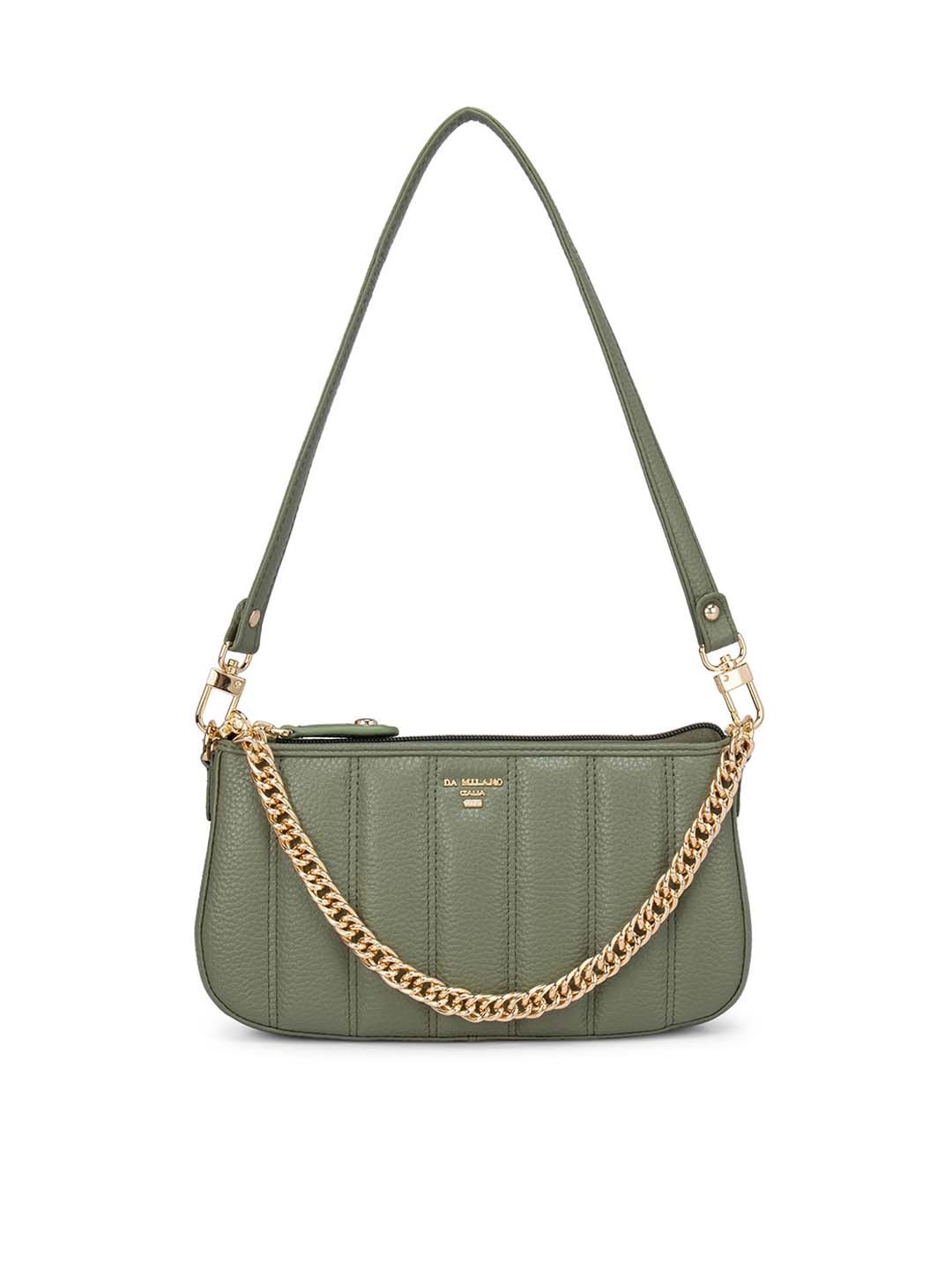 

Da Milano Green Textured Leather Structured Shoulder Bag with Quilted