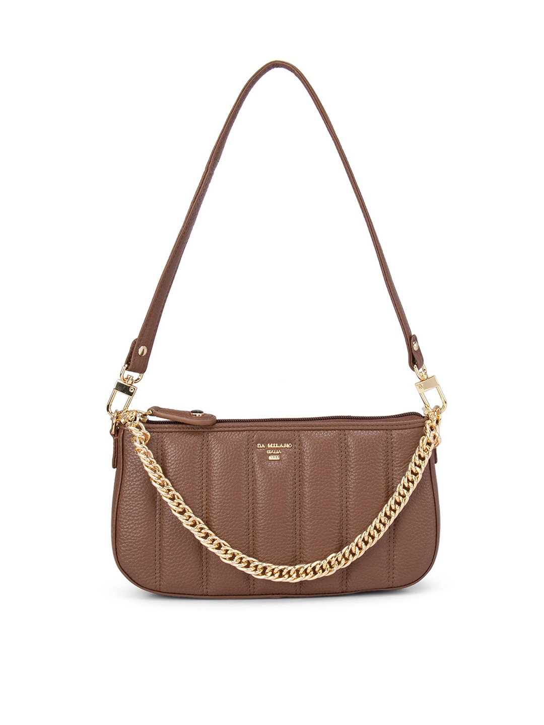 

Da Milano Brown Textured Leather Structured Handheld Bag with Quilted
