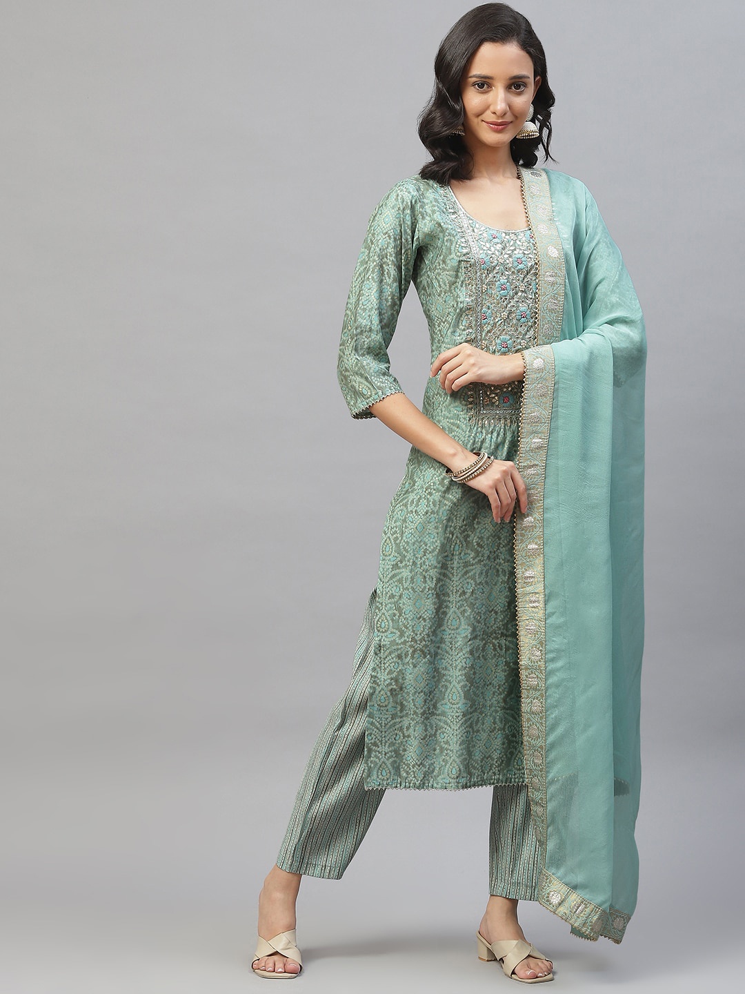 

Divena Women Blue Ethnic Motifs Printed Zardozi Kurta with Trousers & With Dupatta