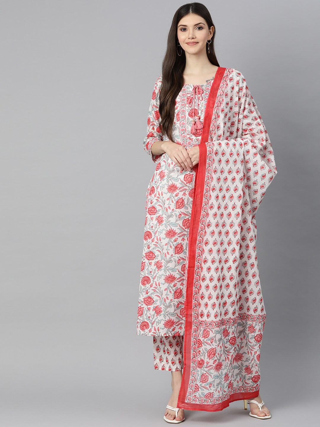 

Divena Women White Floral Embroidered Layered Pure Cotton Kurti with Trousers & With Dupatta