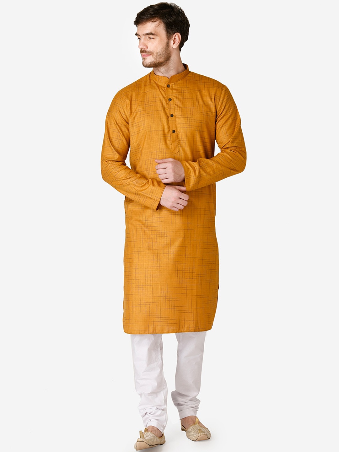 

TABARD Men Yellow Checked Mandarin Collar Cotton Kurta