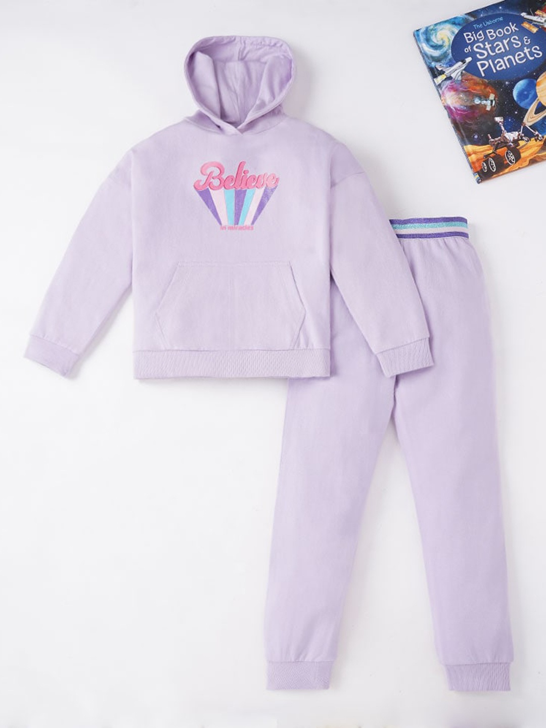 Ed-a-Mamma Girls Lavender & Pink Printed Pure Cotton Clothing Set