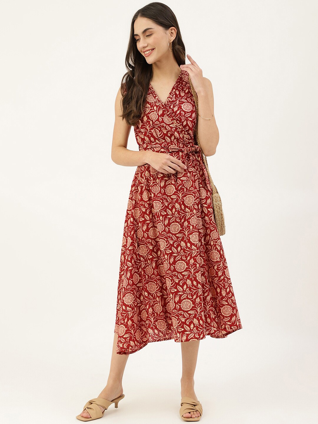 

DECKEDUP Floral Print Fit & Flare Midi Dress, Maroon