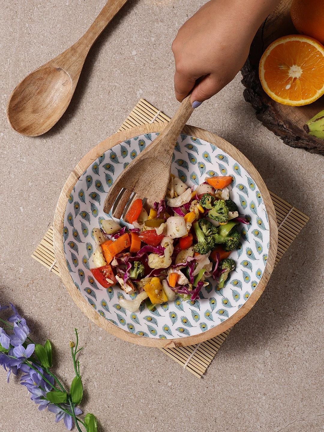 

The Decor Mart Adults Blue & White Peacock Printed Wooden Salad Bowl
