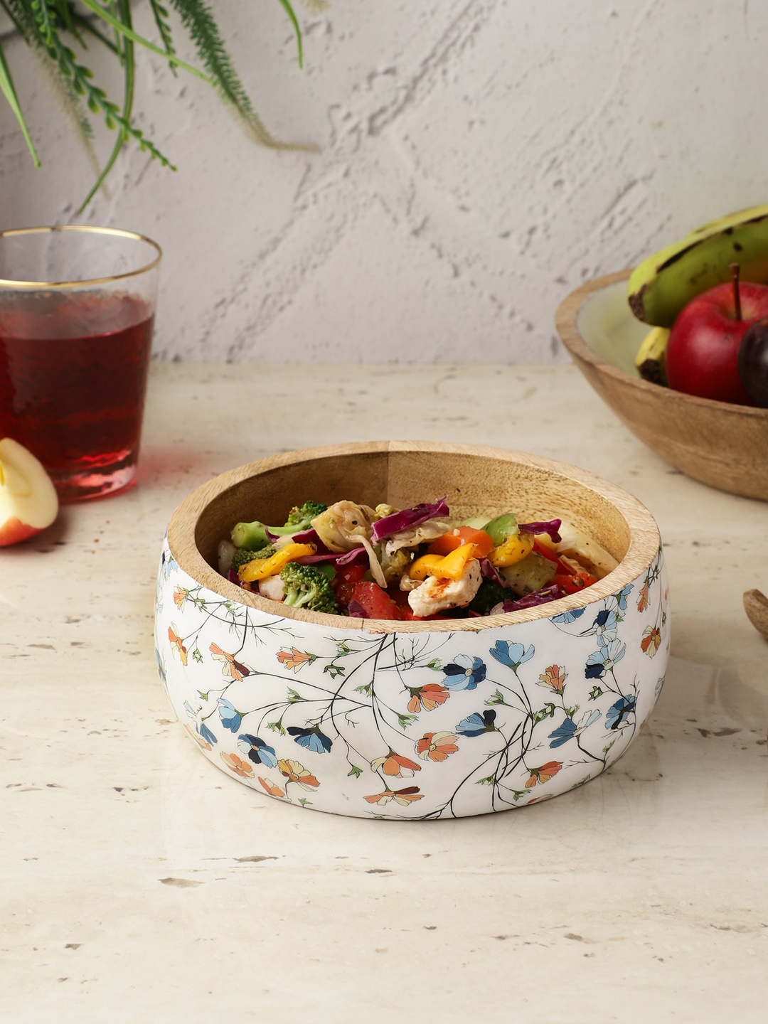 

The Decor Mart Brown & Blue Printed Wooden Salad Bowl and Servers