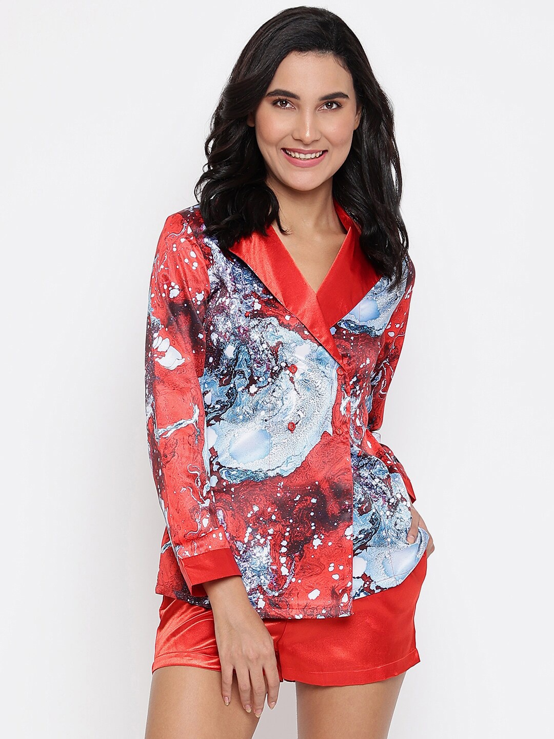 

DECOREALM Women Red & Blue Printed Night suit