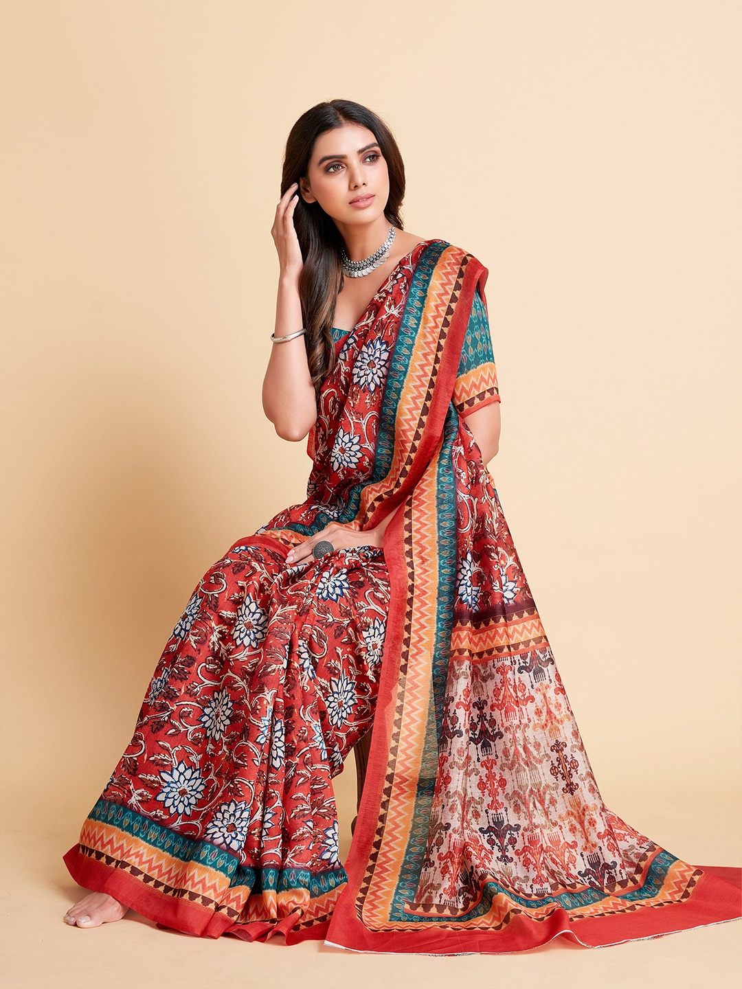 

Sangria Red & Blue Floral Silk Cotton Saree