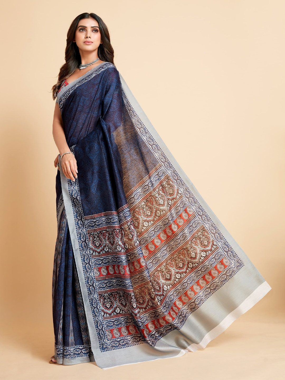 

Sangria Navy Blue & Red Ethnic Motifs Silk Cotton Saree