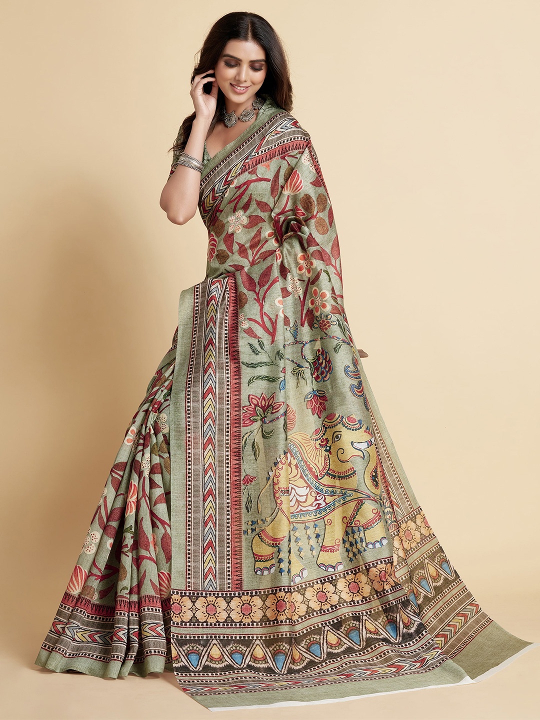 

Sangria Green & Blue Ethnic Motifs Silk Cotton Saree