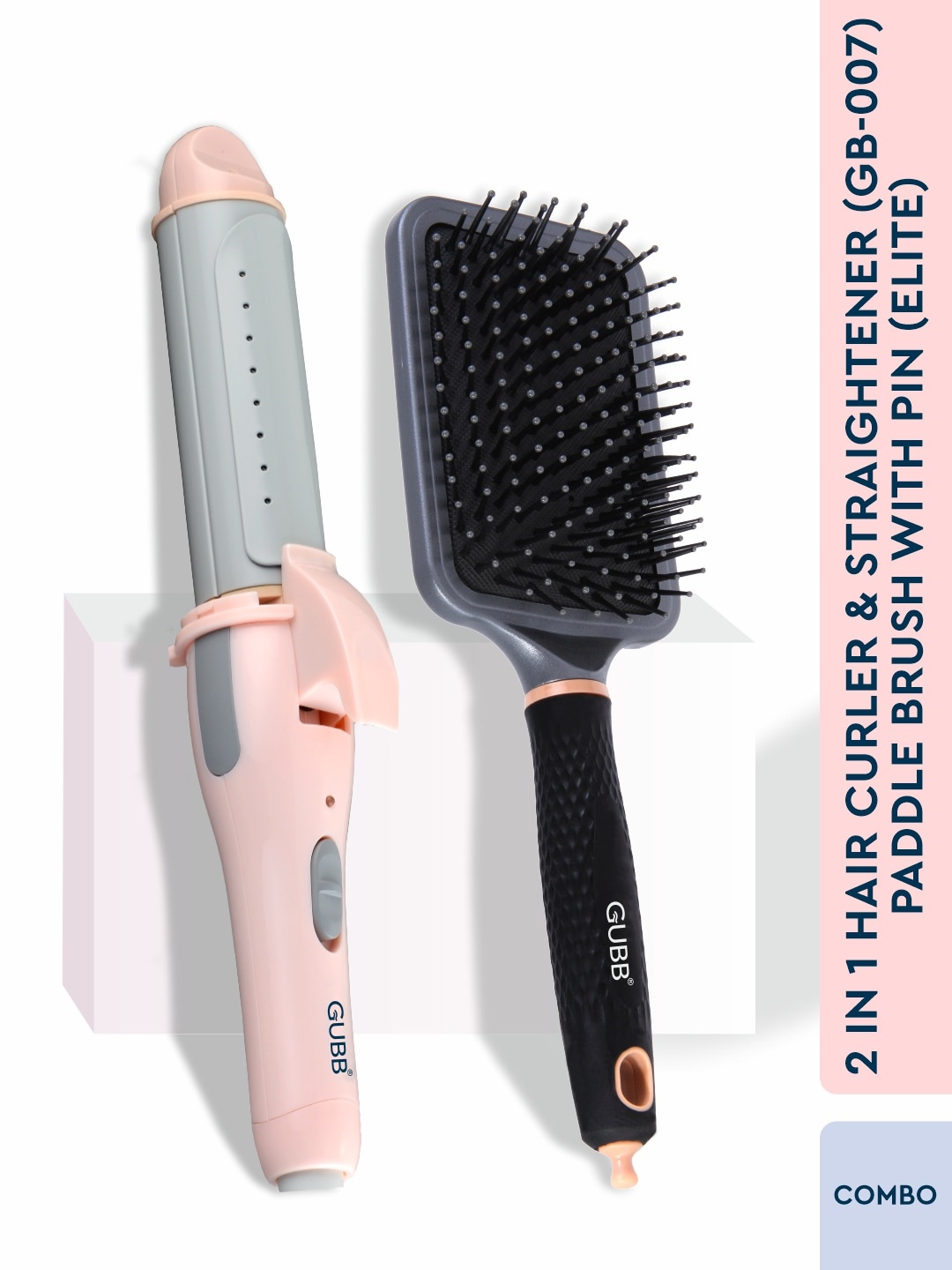 

GUBB 2-In-1 Hair Curler & Straightener with Elite Paddle Hair Brush, Pink