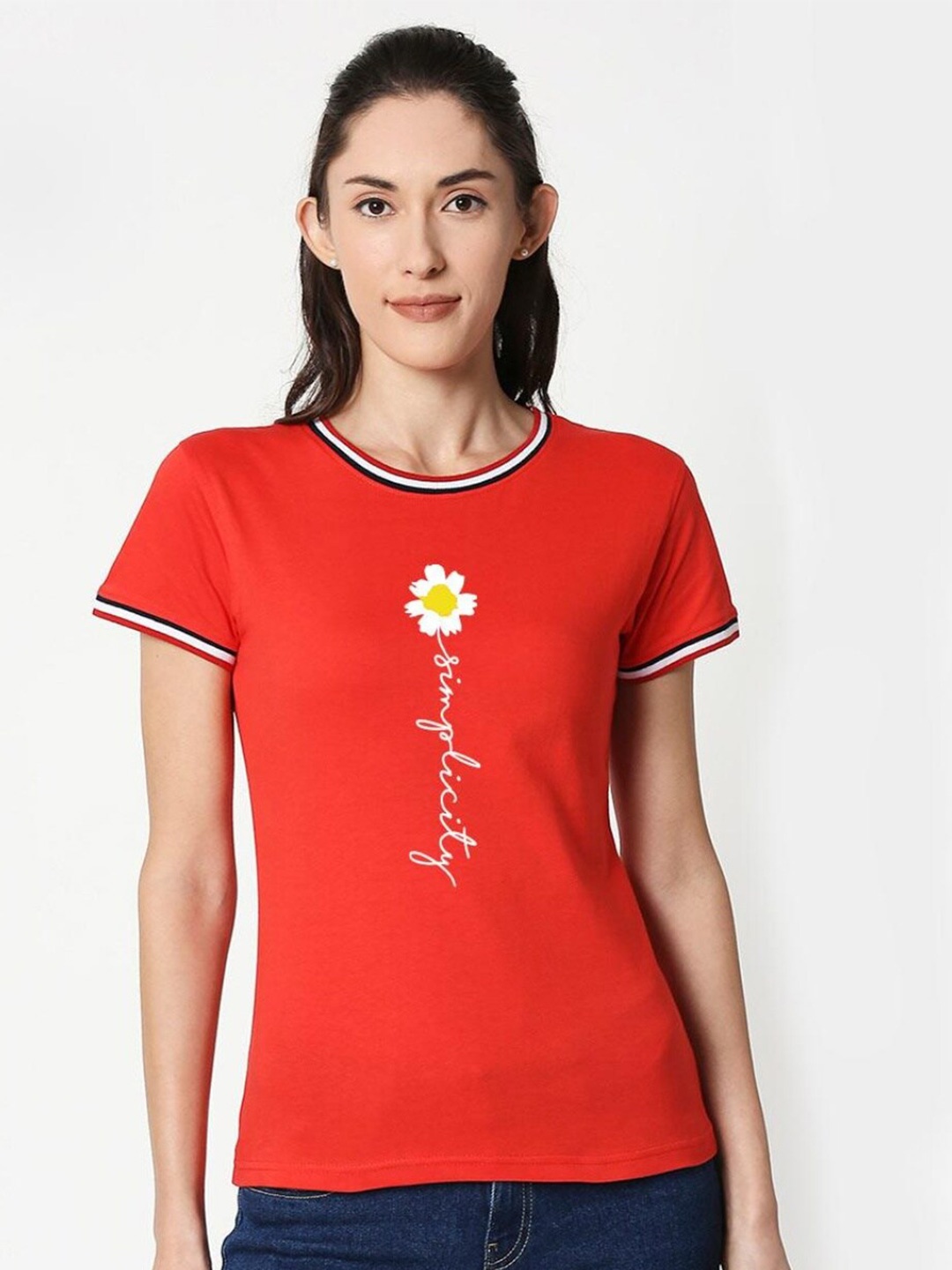 

Bewakoof Women Red Typography Printed Pure Cotton T-shirt