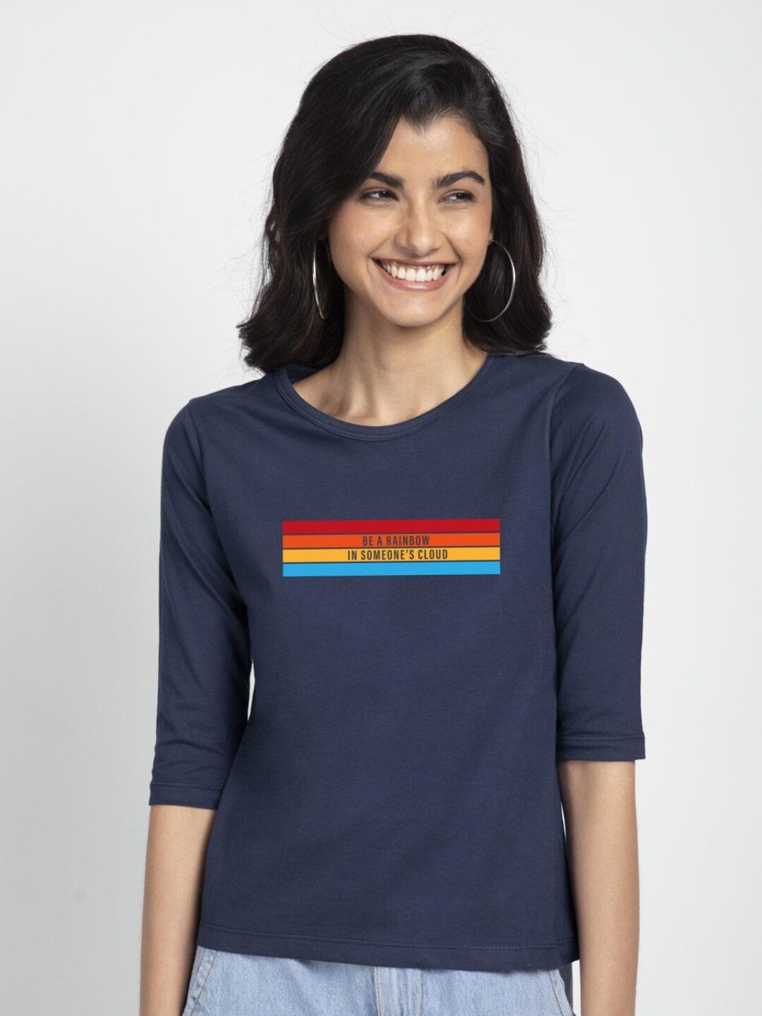 

Bewakoof Women Navy Blue Printed Pure Cotton Slim Fit T-shirt