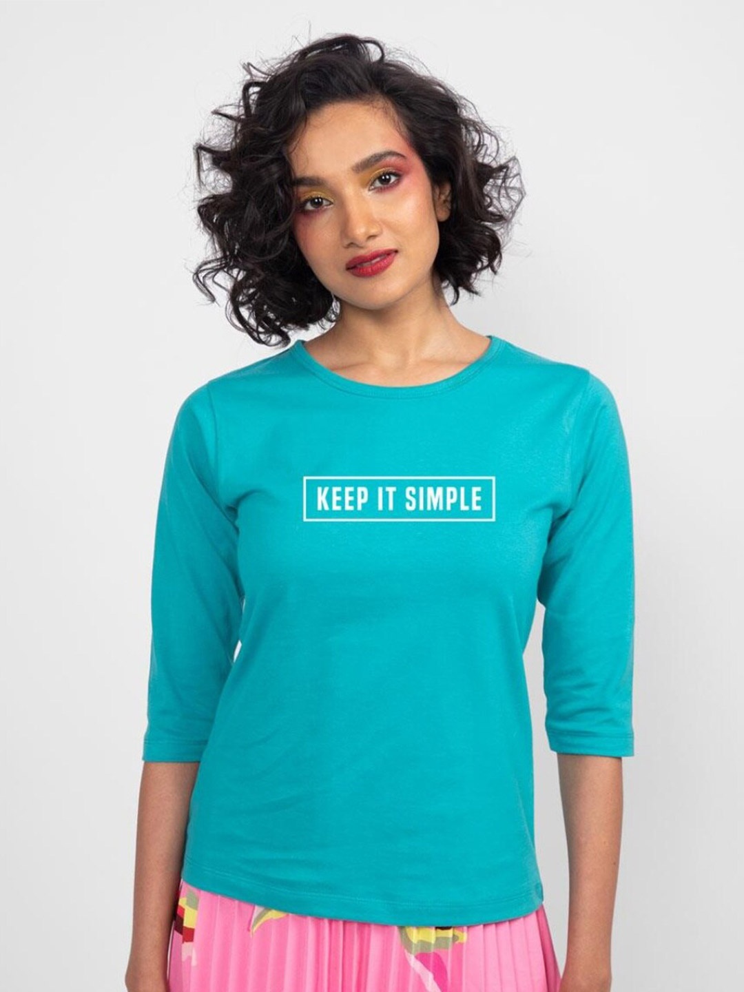 

Bewakoof Women Blue Typography Printed Pure Cotton Slim Fit T-shirt