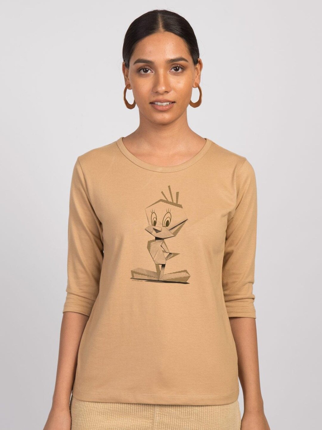 

Bewakoof Women Brown Printed Pure Cotton Slim Fit T-shirt