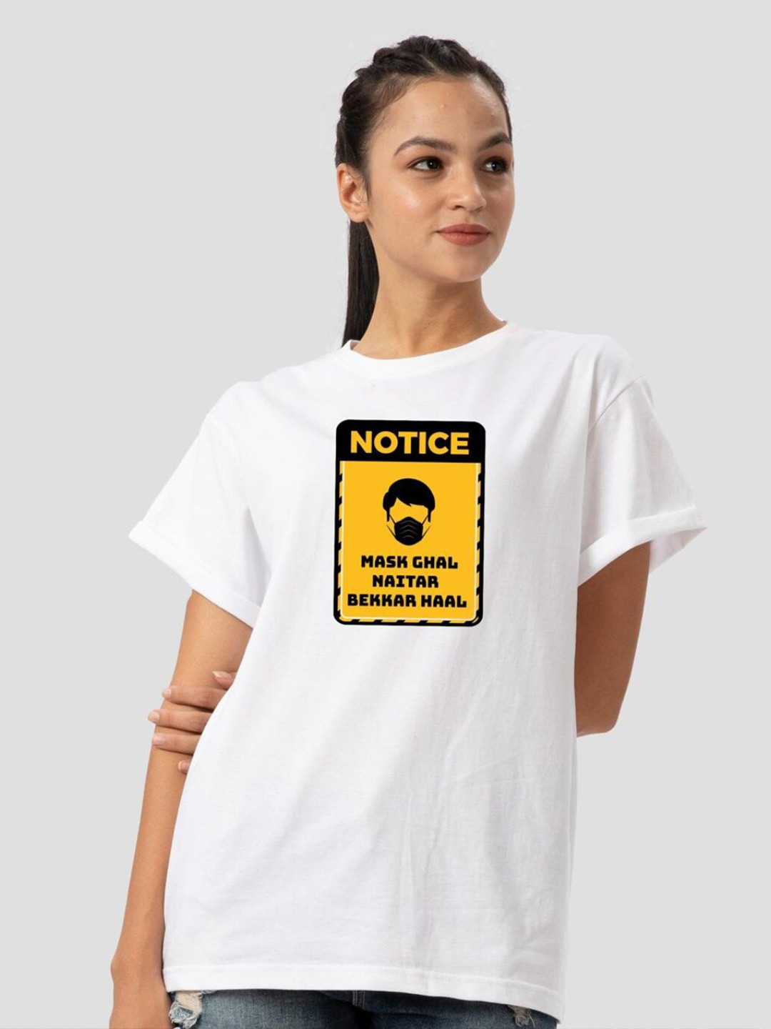 

Bewakoof Women White Typography Printed Drop-Shoulder Sleeves Pure Cotton Loose T-shirt