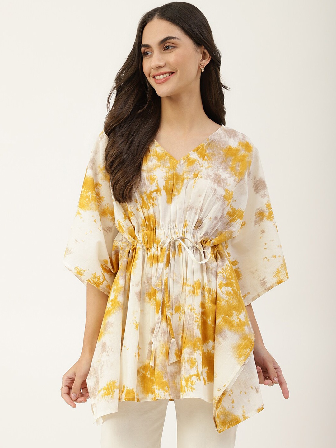 

DECKEDUP Yellow Floral Print Extended Sleeves Cinched Waist Longline Top
