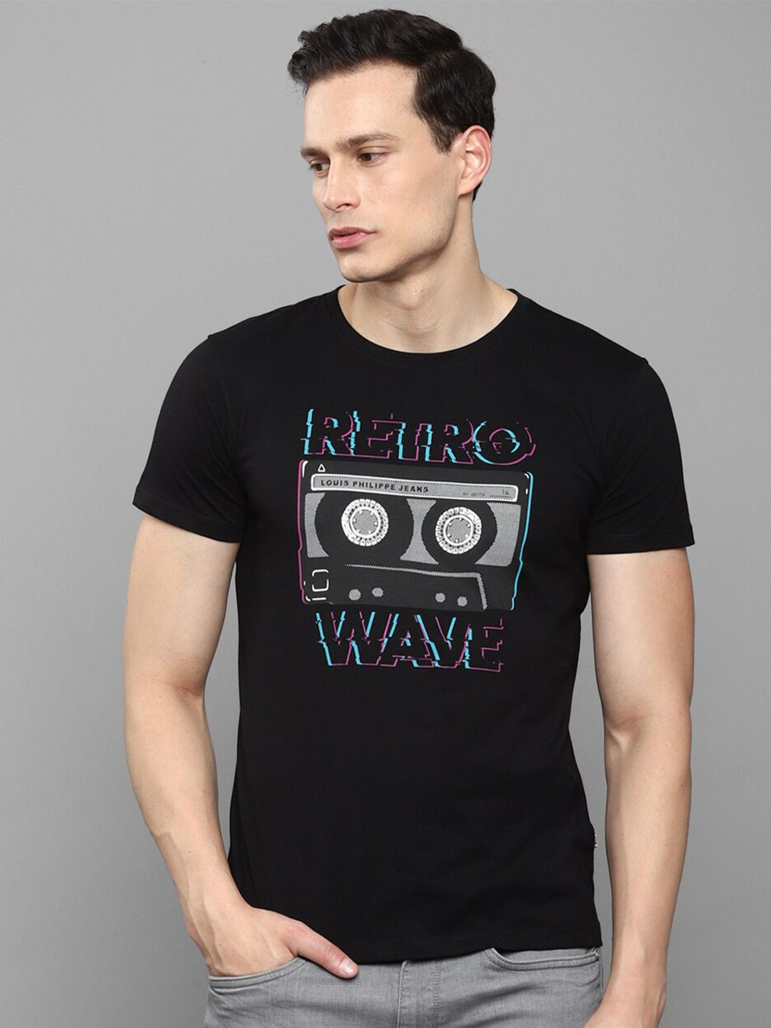 

Louis Philippe Jeans Men Black Typography Printed Slim Fit Cotton T-shirt
