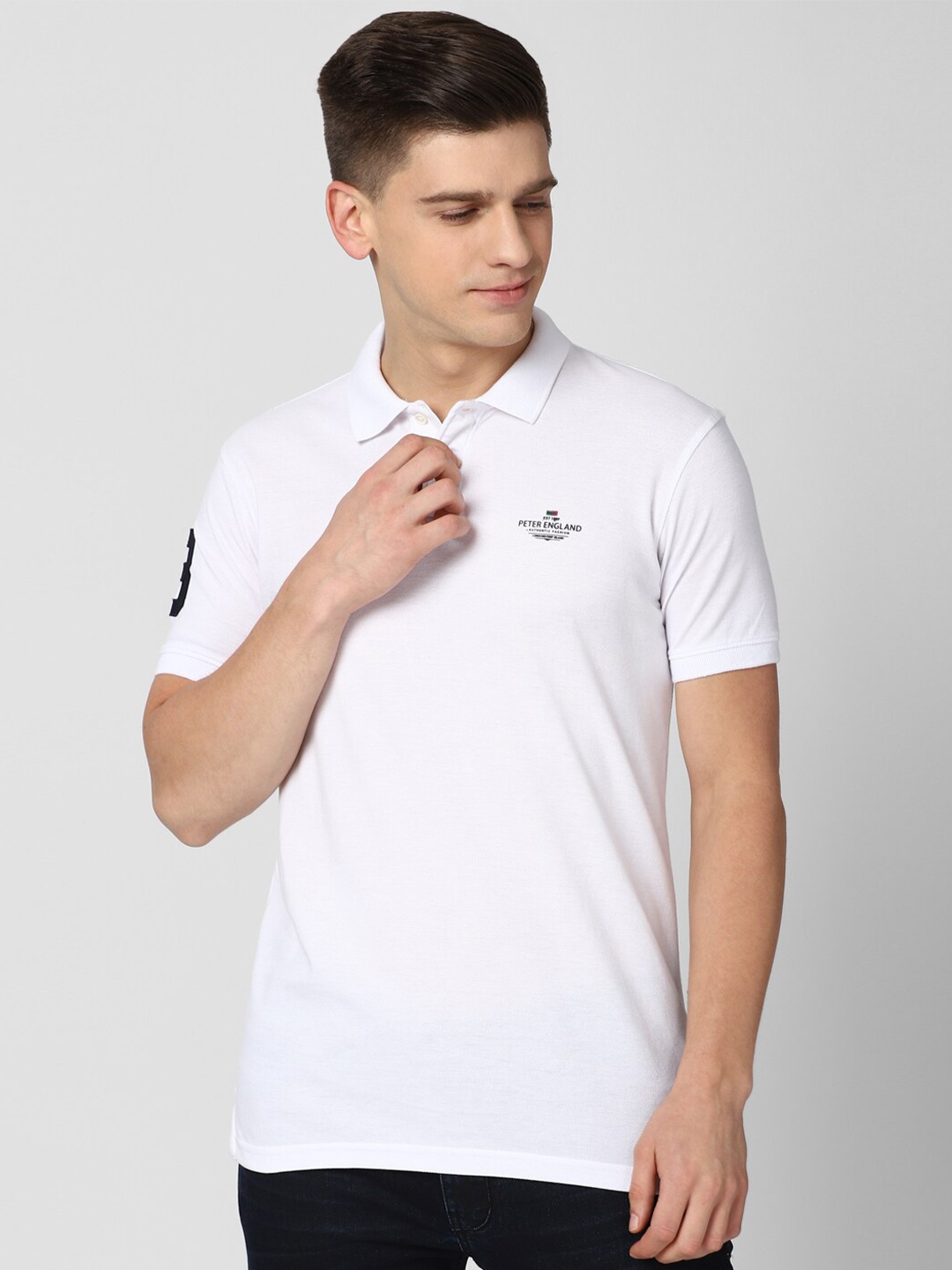 

Peter England Casuals Men White Polo Collar Slim Fit T-shirt