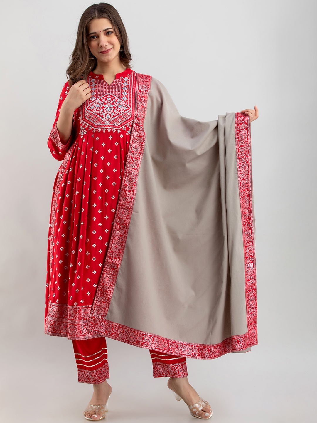 

NAYRAH Women Red Ethnic Motifs Printed Pleated Kurta with Trousers & With Dupatta