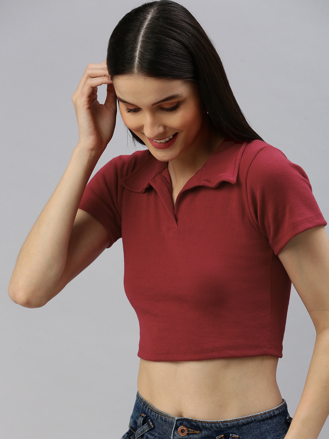 

AAHWAN Maroon Shirt Style Crop Top