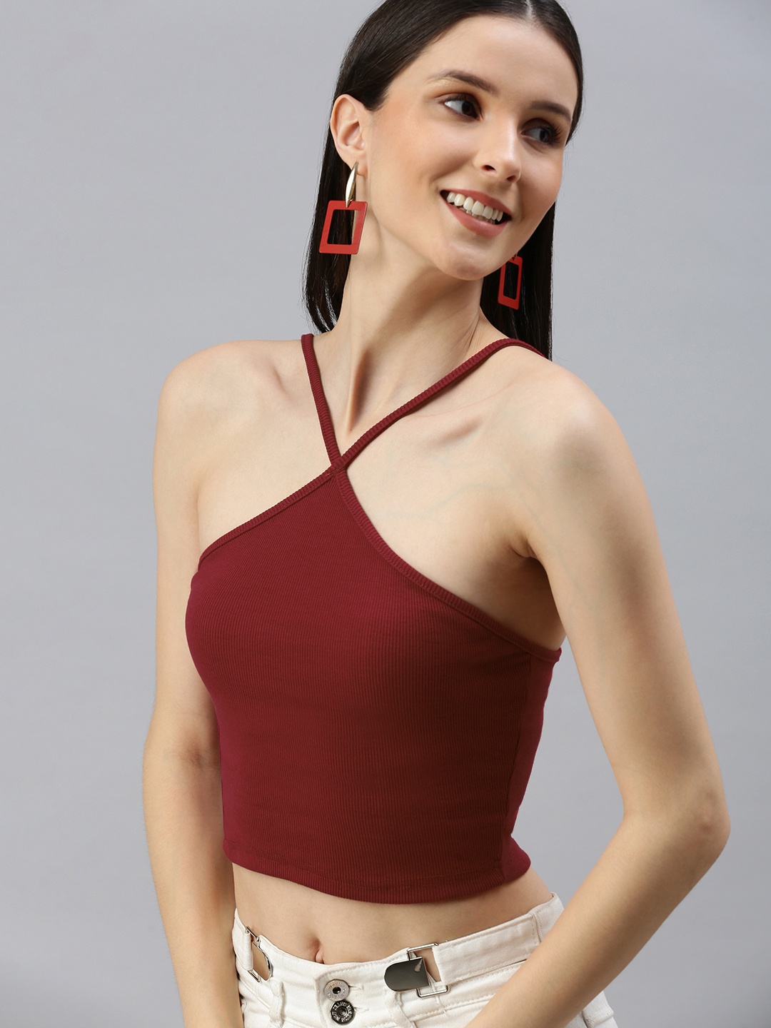 

AAHWAN Maroon Halter Neck Crop Top