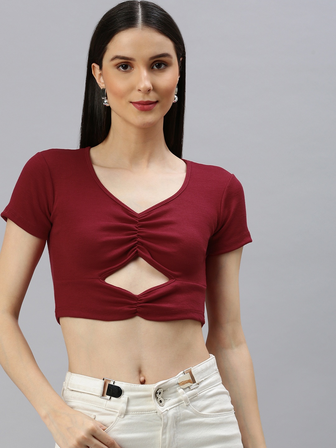 

AAHWAN Maroon Solid Sweetheart Neck Crop Top